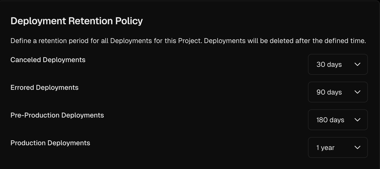 Vercel retention policy defaults
